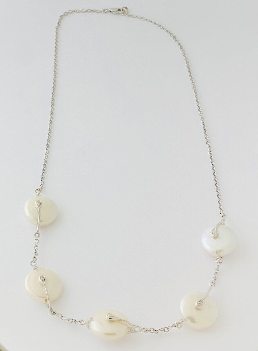 14kt White Gold Chain With 6 Mother of Pearls Stations