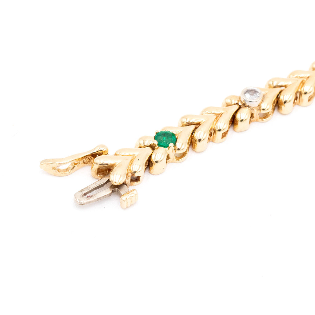 14k Yellow Gold Diamond & Emerald Vintage Style Ladies Bracelet