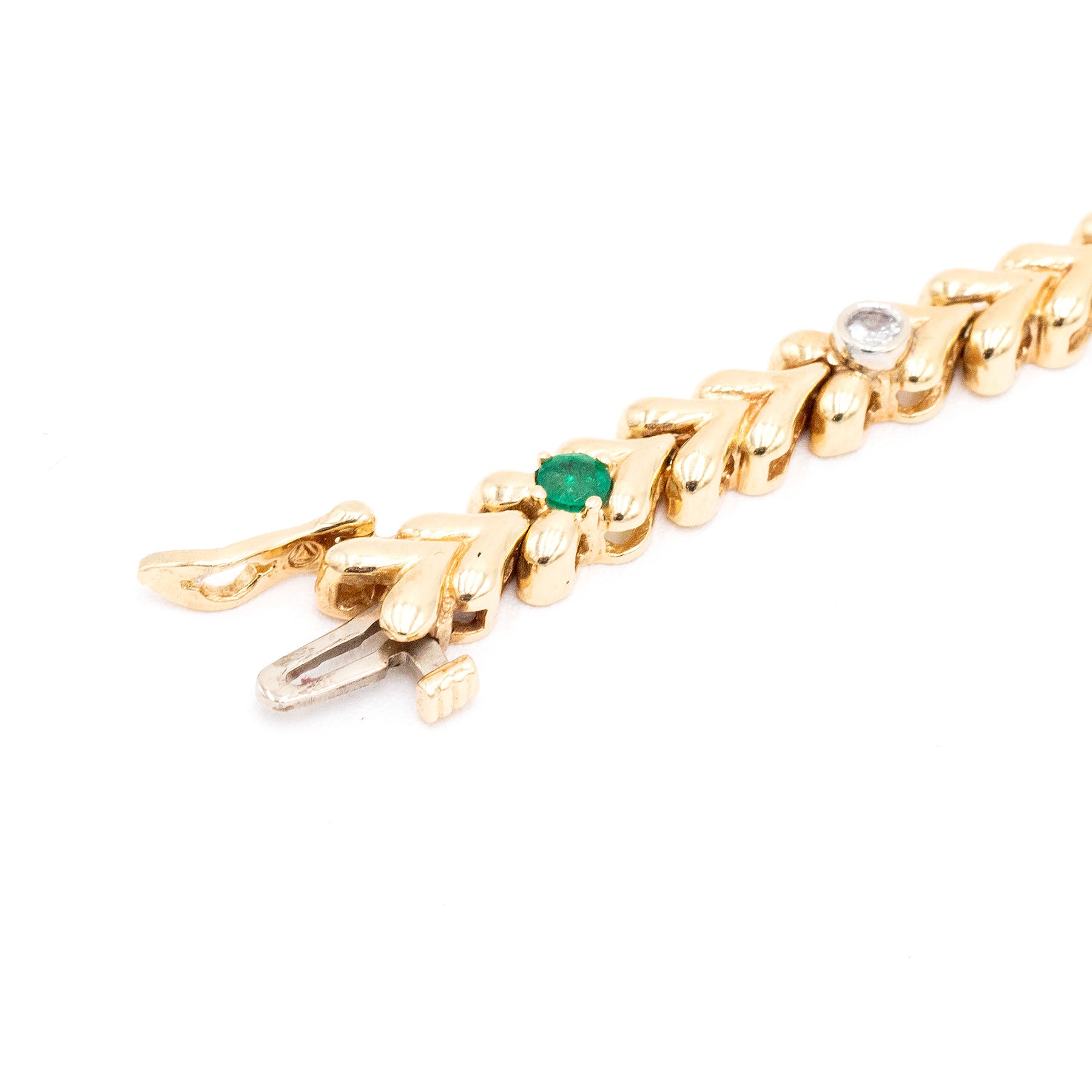 14k Yellow Gold Diamond & Emerald Vintage Style Ladies Bracelet