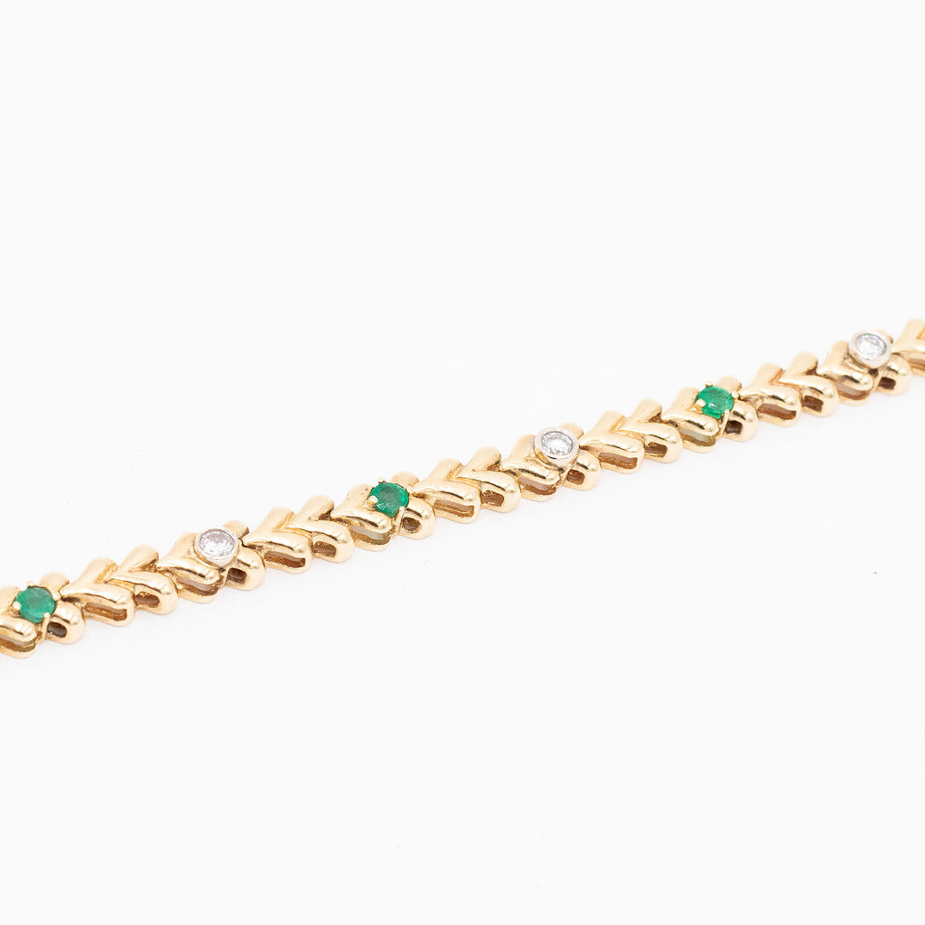 14k Yellow Gold Diamond & Emerald Vintage Style Ladies Bracelet