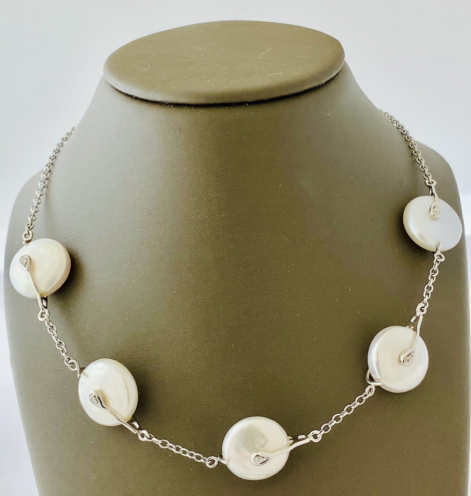 14kt White Gold Chain With 6 Mother of Pearls Stations