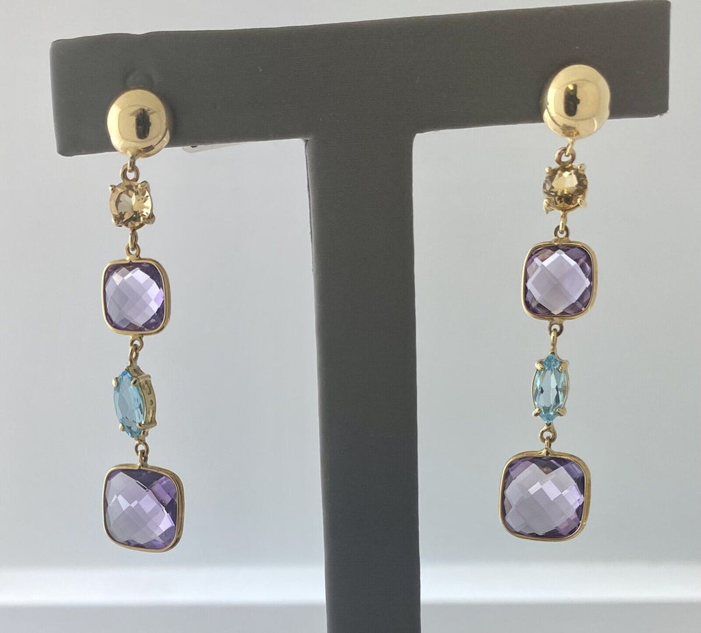 18kt Yellow Gold Amethyst, Blue Topaz And Citrine Drop Earring
