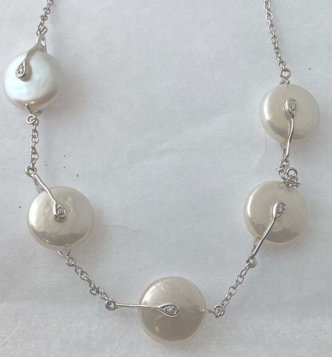 14kt White Gold Chain With 6 Mother of Pearls Stations