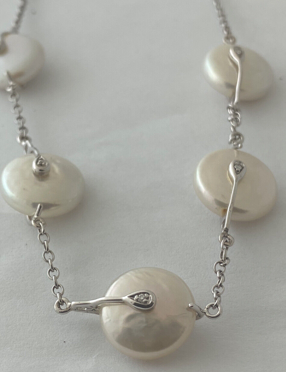 14kt White Gold Chain With 6 Mother of Pearls Stations