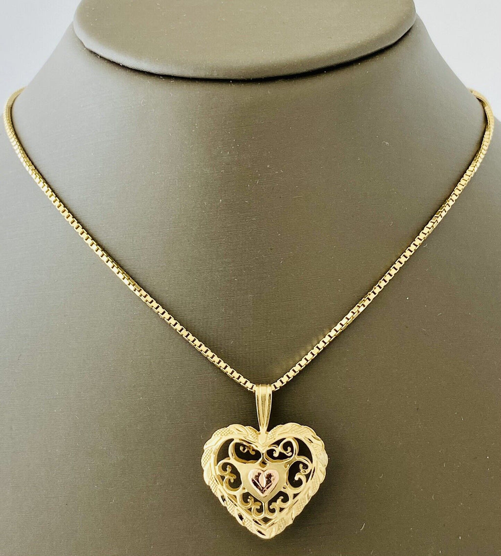 14kt Yellow Gold Box Link Chain with Heart Pendent