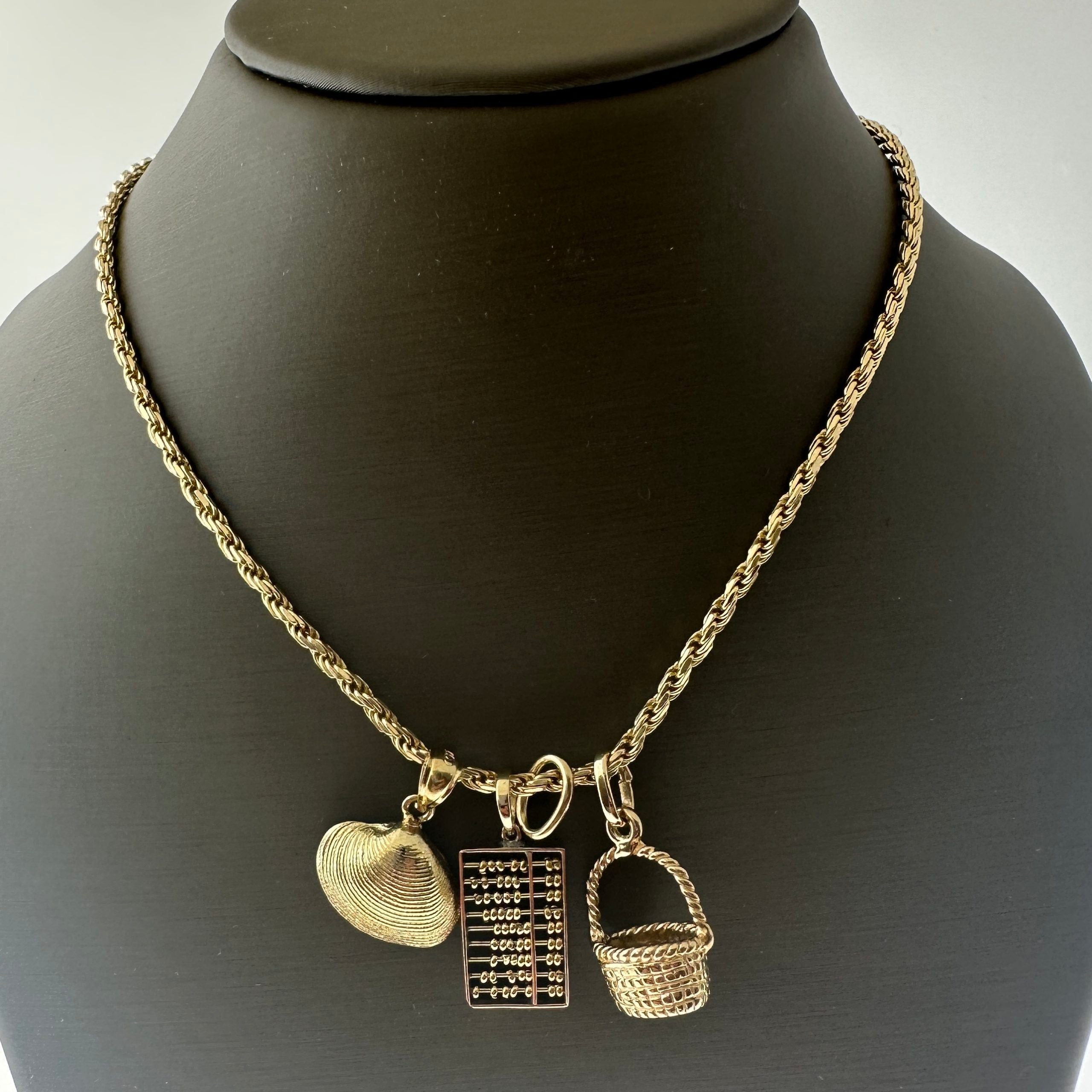 14kt Yellow Gold Rope Chain w/ 3 Pendants 15.3 Grams