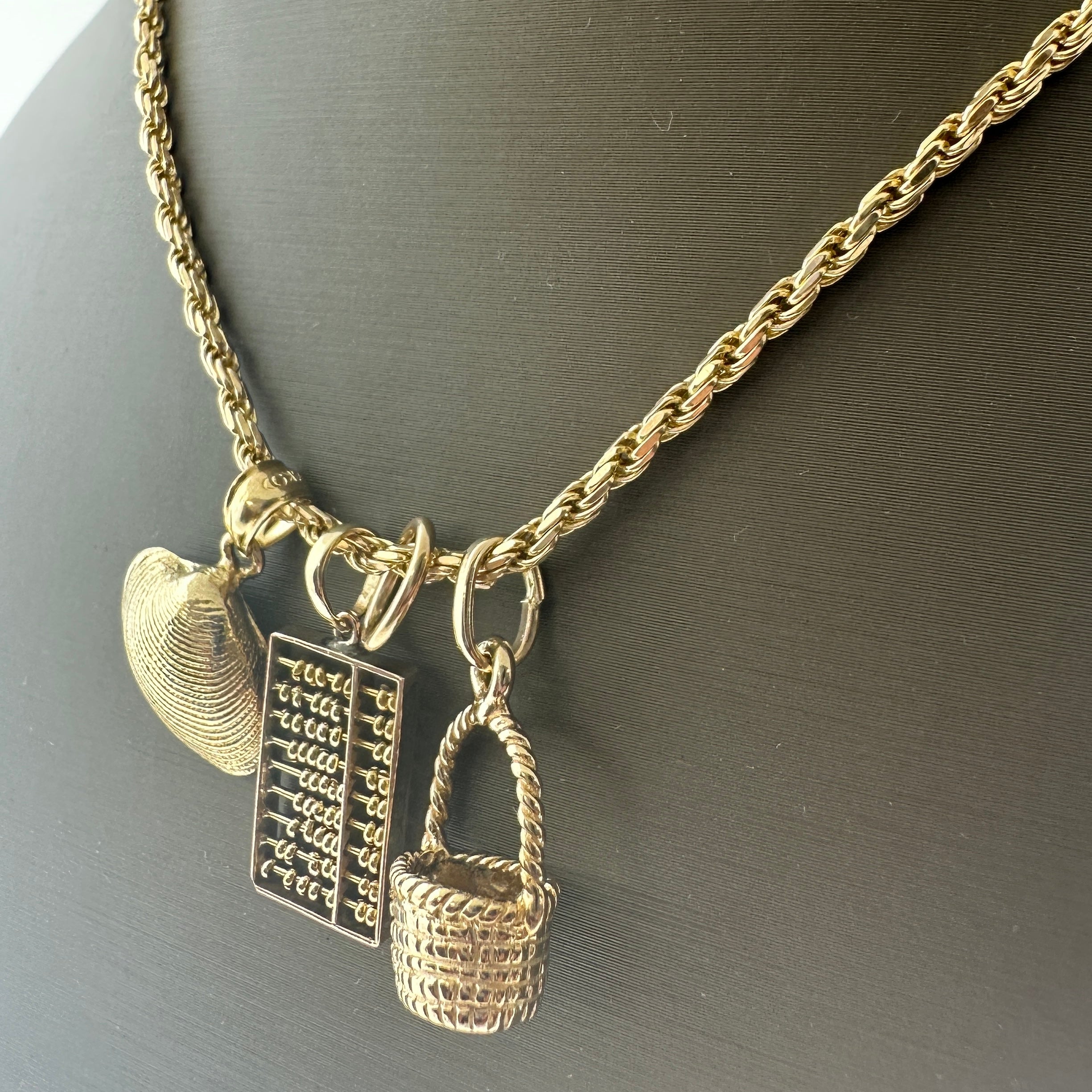 14kt Yellow Gold Rope Chain w/ 3 Pendants 15.3 Grams