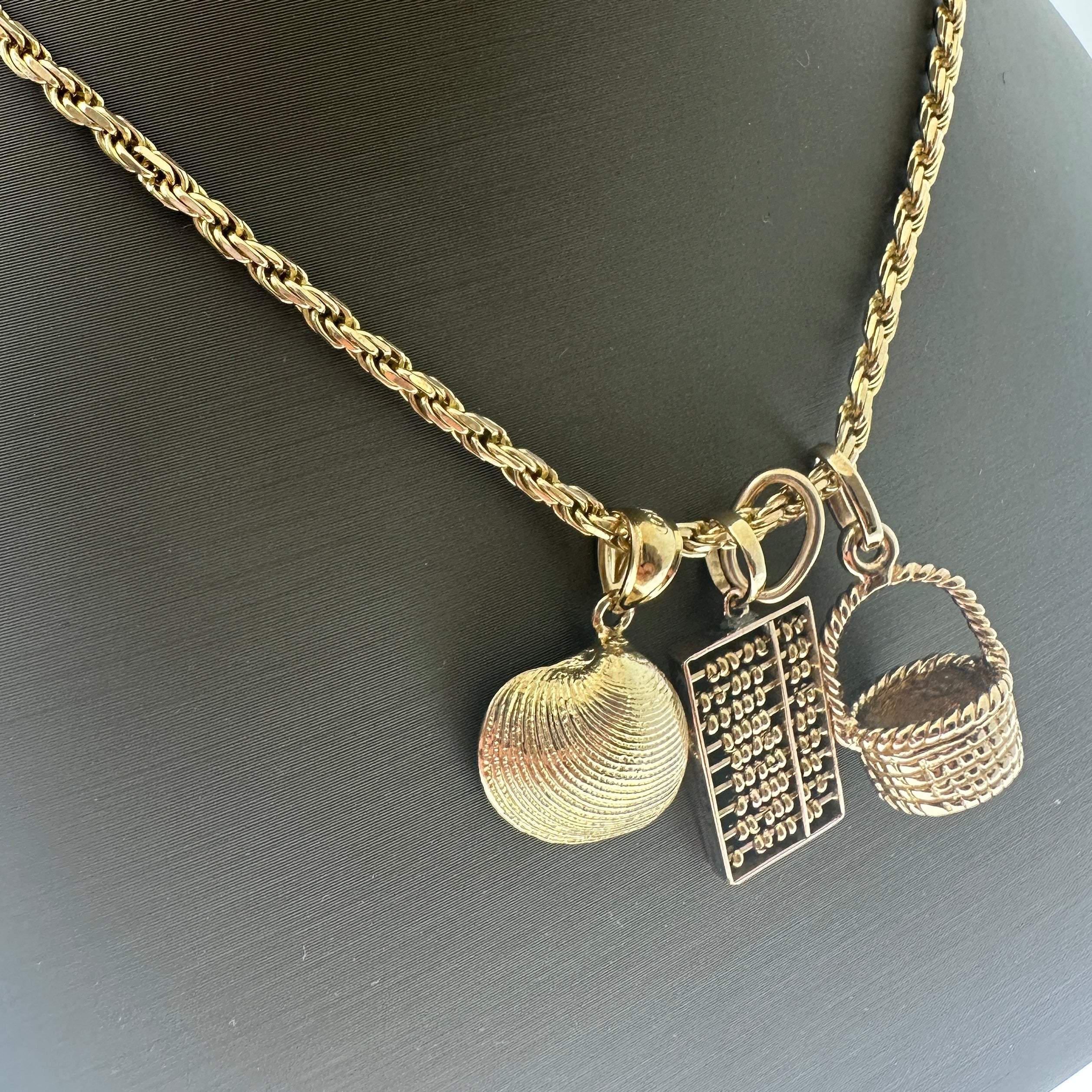 14kt Yellow Gold Rope Chain w/ 3 Pendants 15.3 Grams