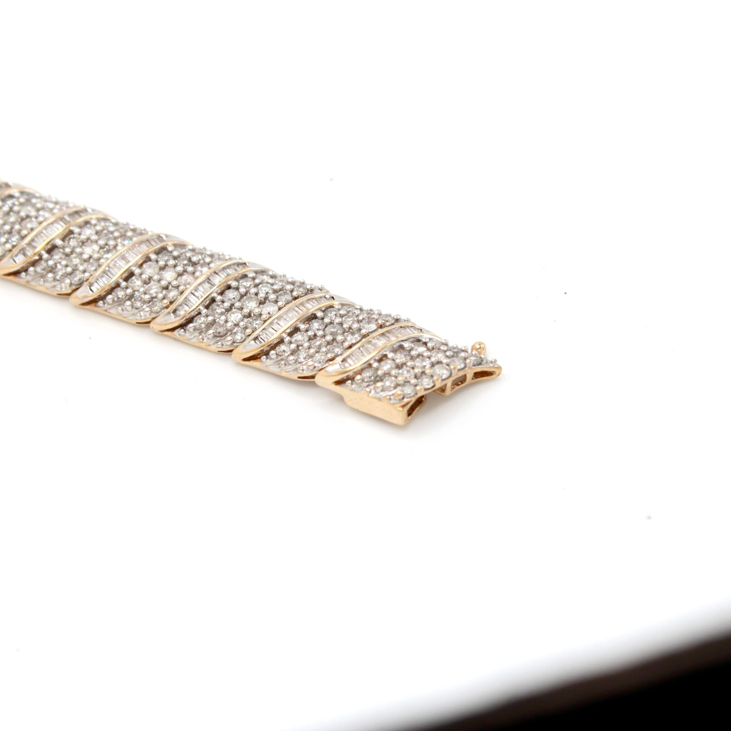 10kt Yellow Gold , Round and Baguette Diamond Station Bracelet