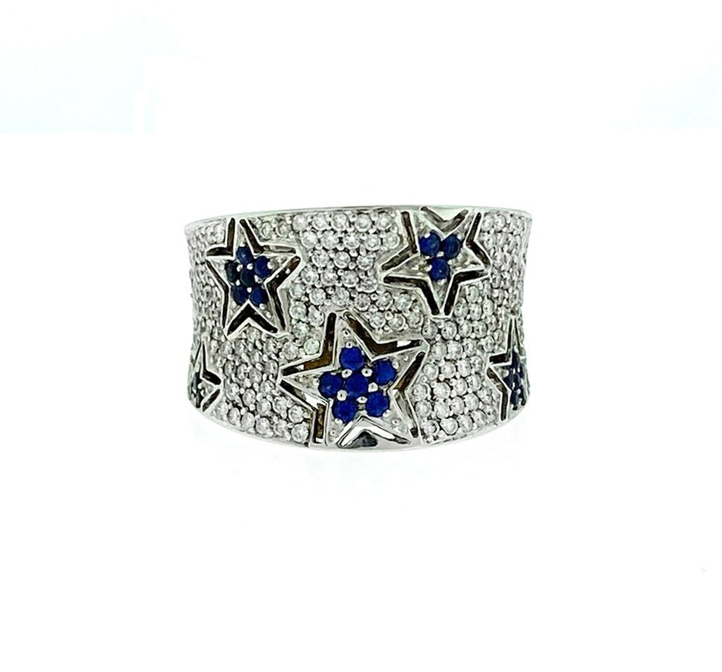 18k White Gold Diamond and Sapphire Star Pave Cocktail Ring Approx.1.30ctw