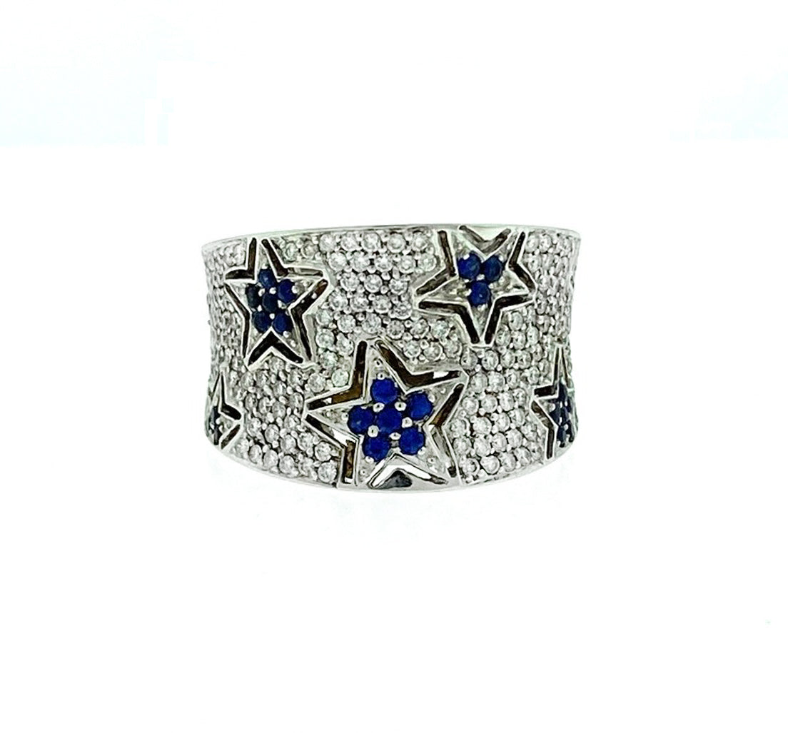 18k White Gold Diamond and Sapphire Star Pave Cocktail Ring Approx.1.30ctw