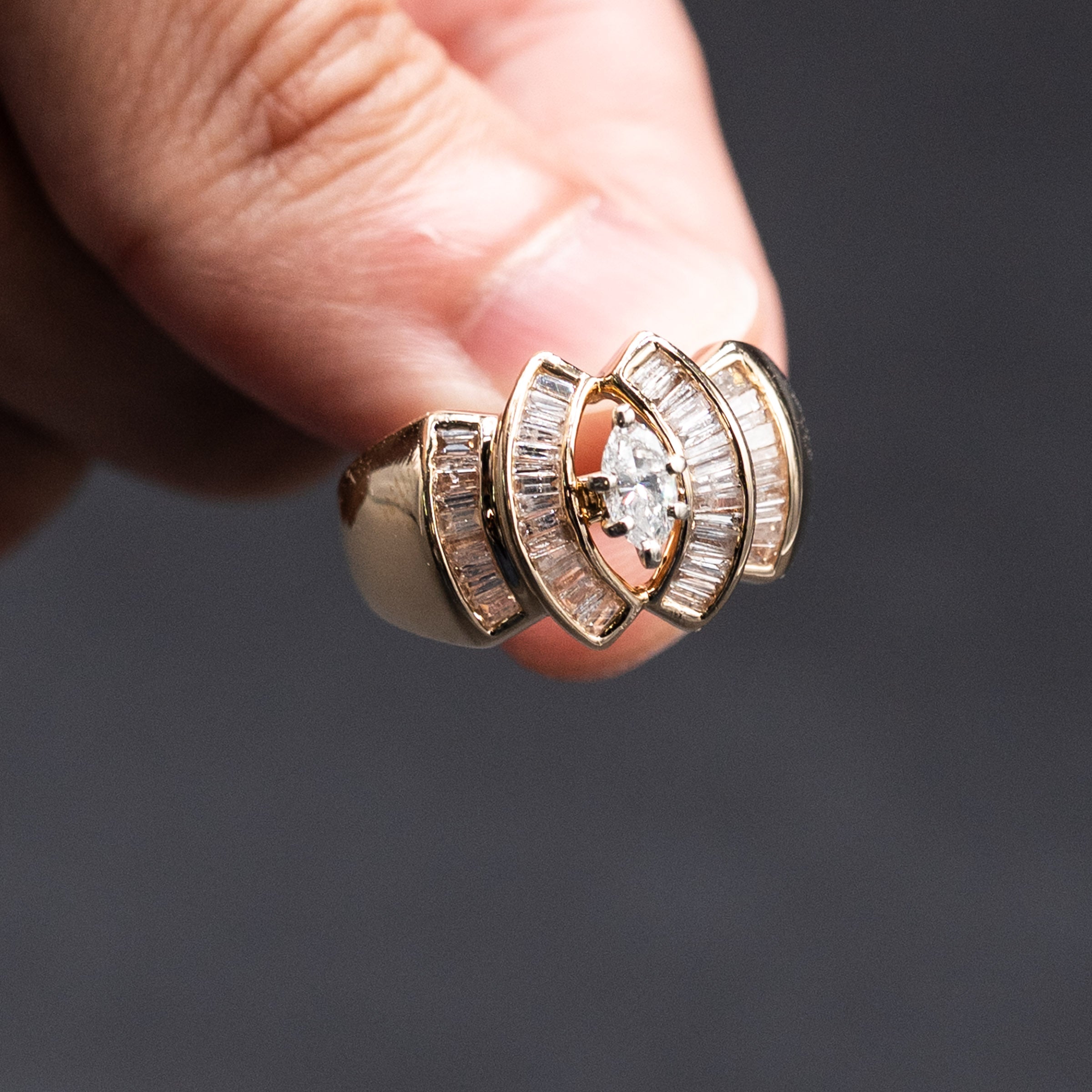 14k Yellow Gold Marquise & Baguette Diamond Wide Antique Ring