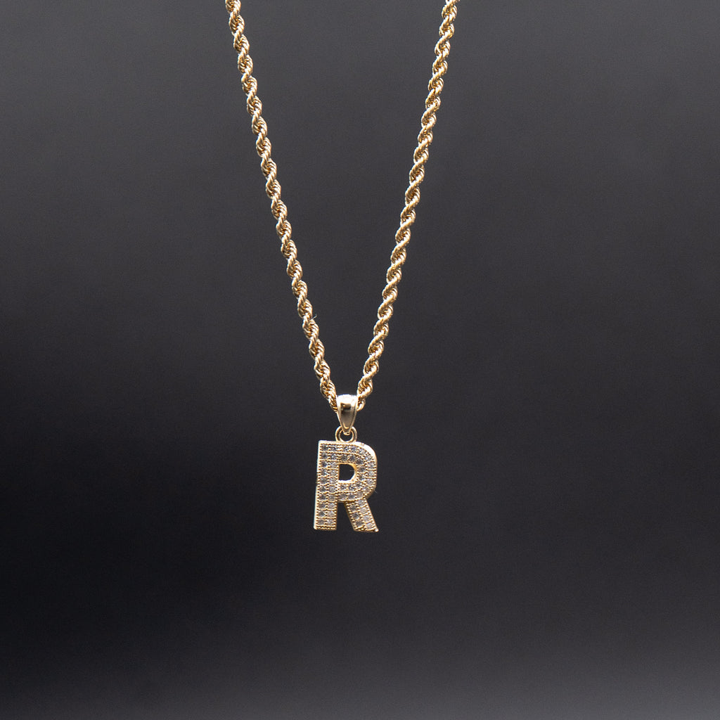 10k Yellow Gold "R" Letter Pendant Rope Chain Necklace