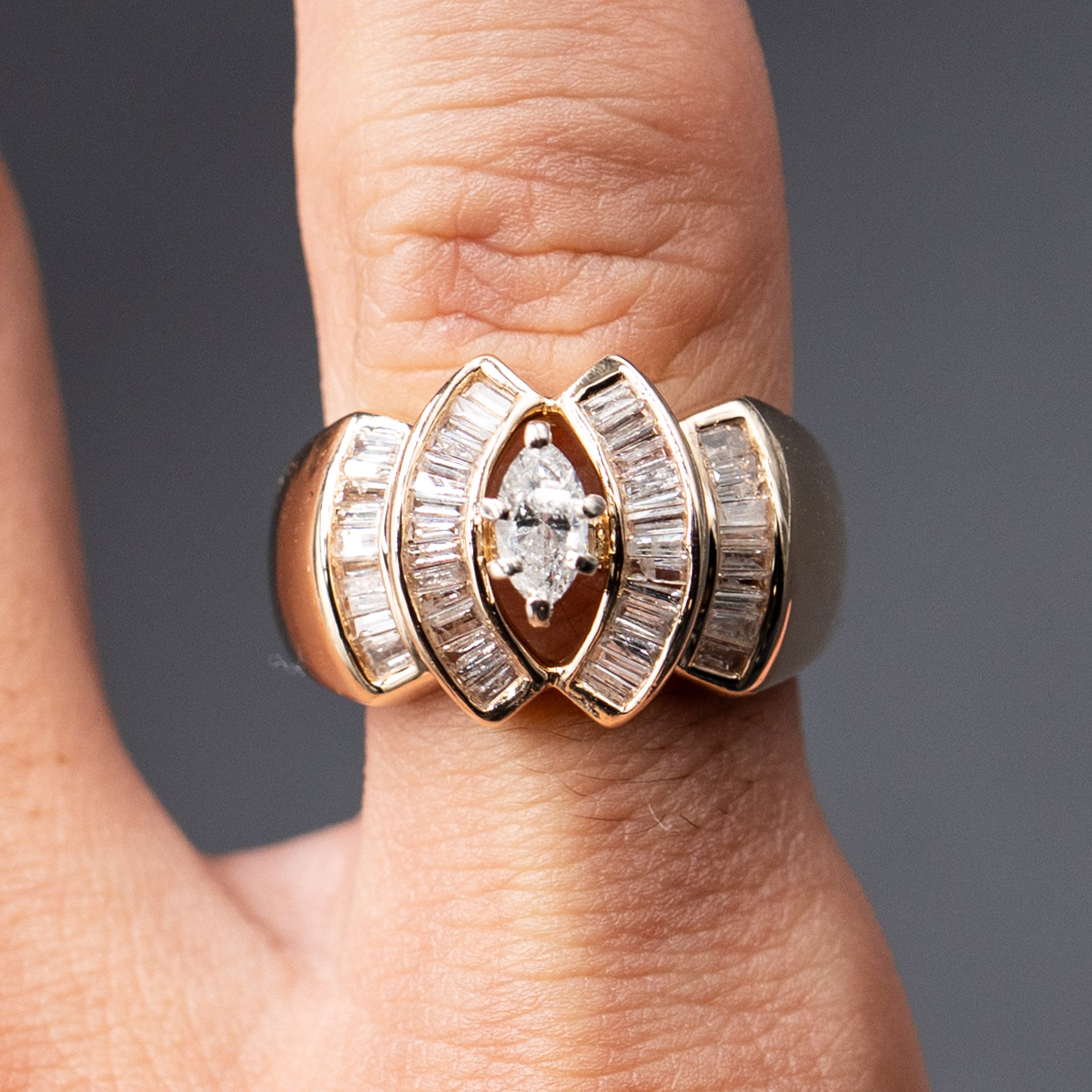 14k Yellow Gold Marquise & Baguette Diamond Wide Antique Ring