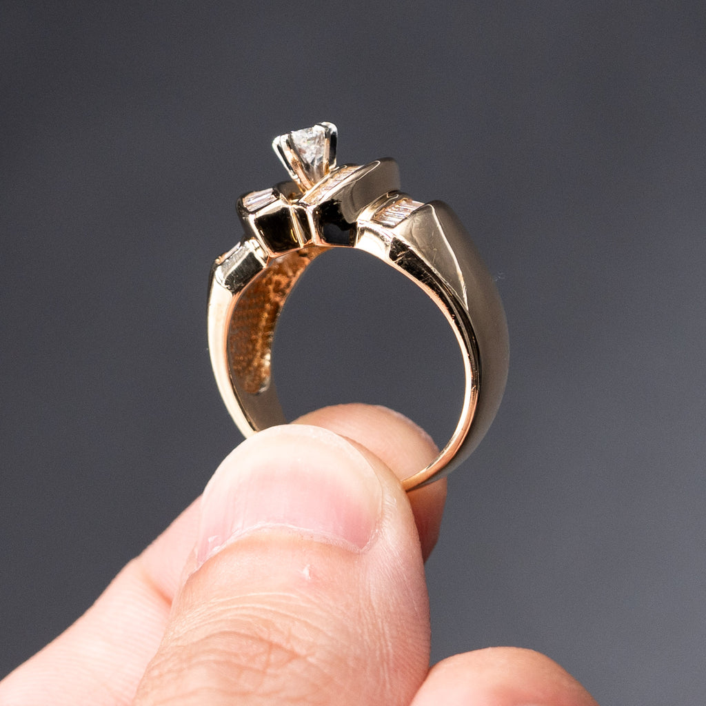 14k Yellow Gold Marquise & Baguette Diamond Wide Antique Ring