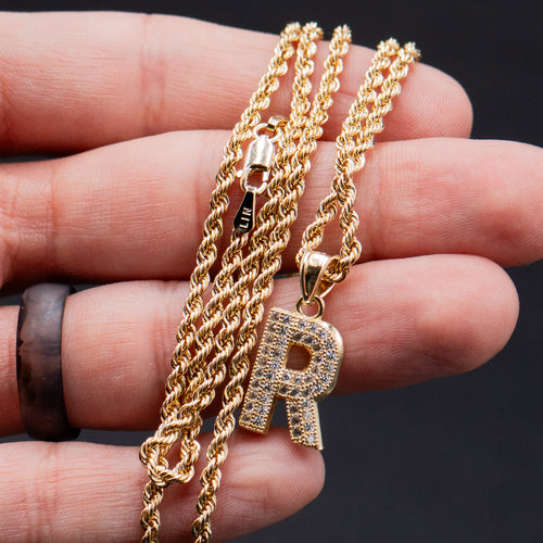 10k Yellow Gold "R" Letter Pendant Rope Chain Necklace