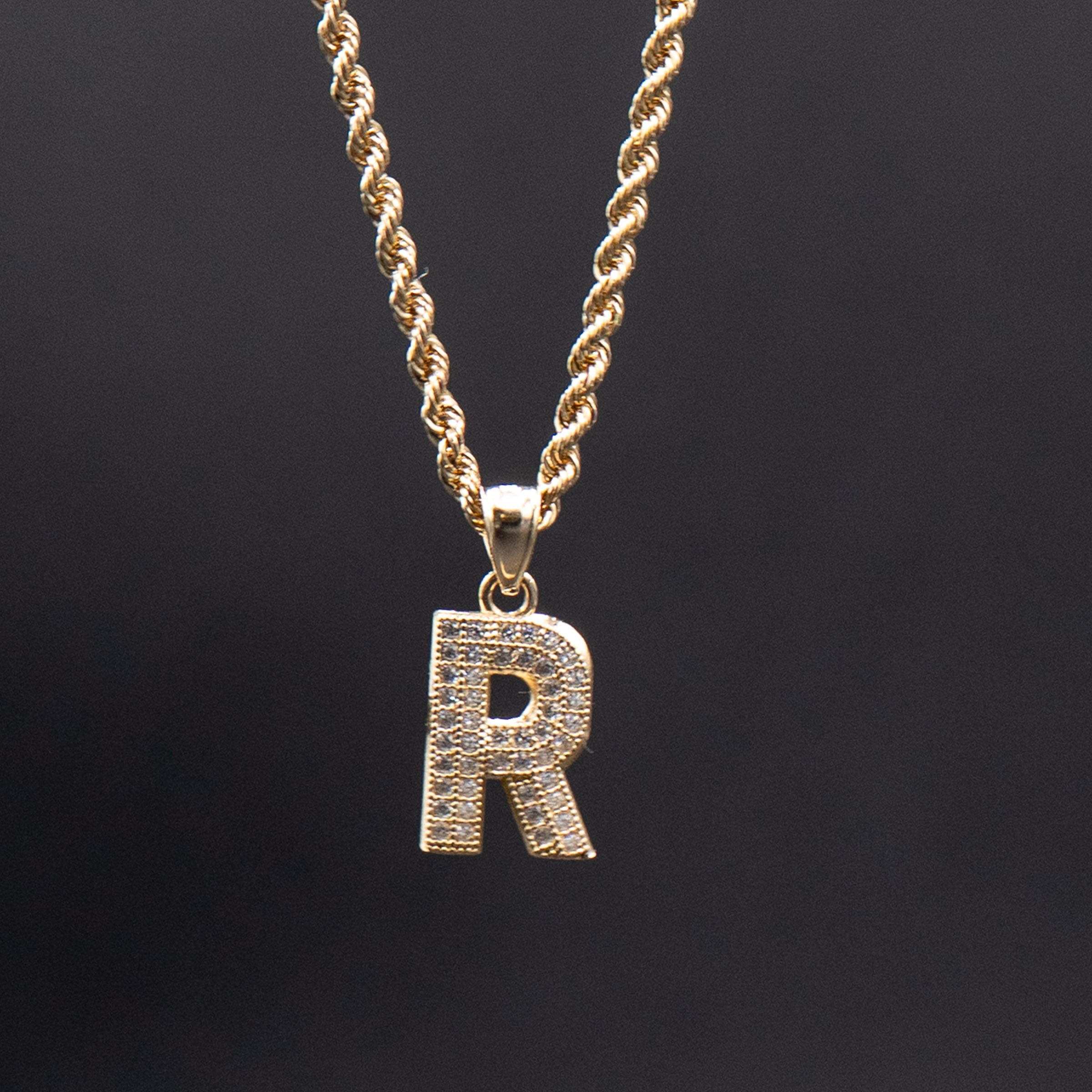 10k Yellow Gold "R" Letter Pendant Rope Chain Necklace