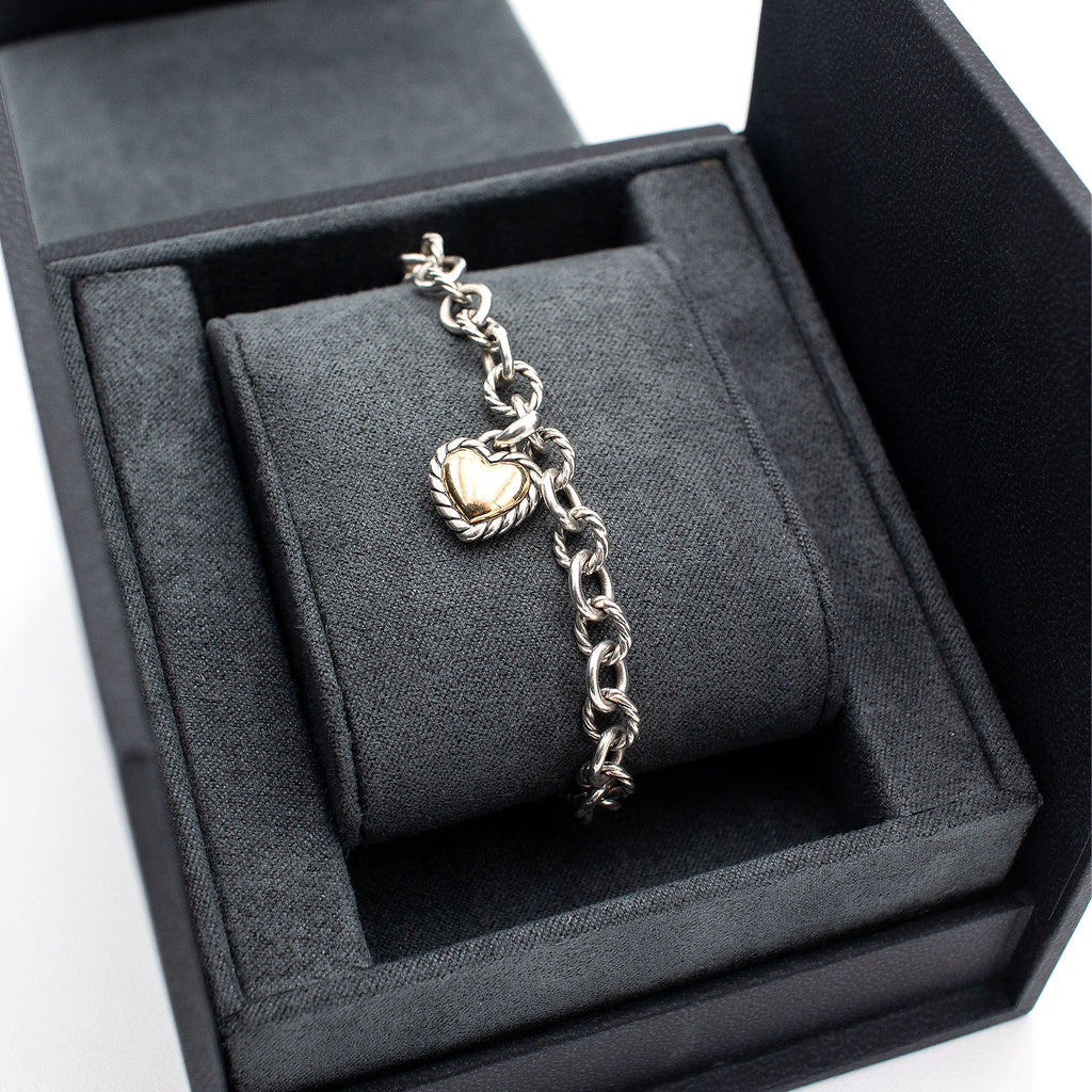 David Yurman Sterling Silver Heart Charm Link Bracelet