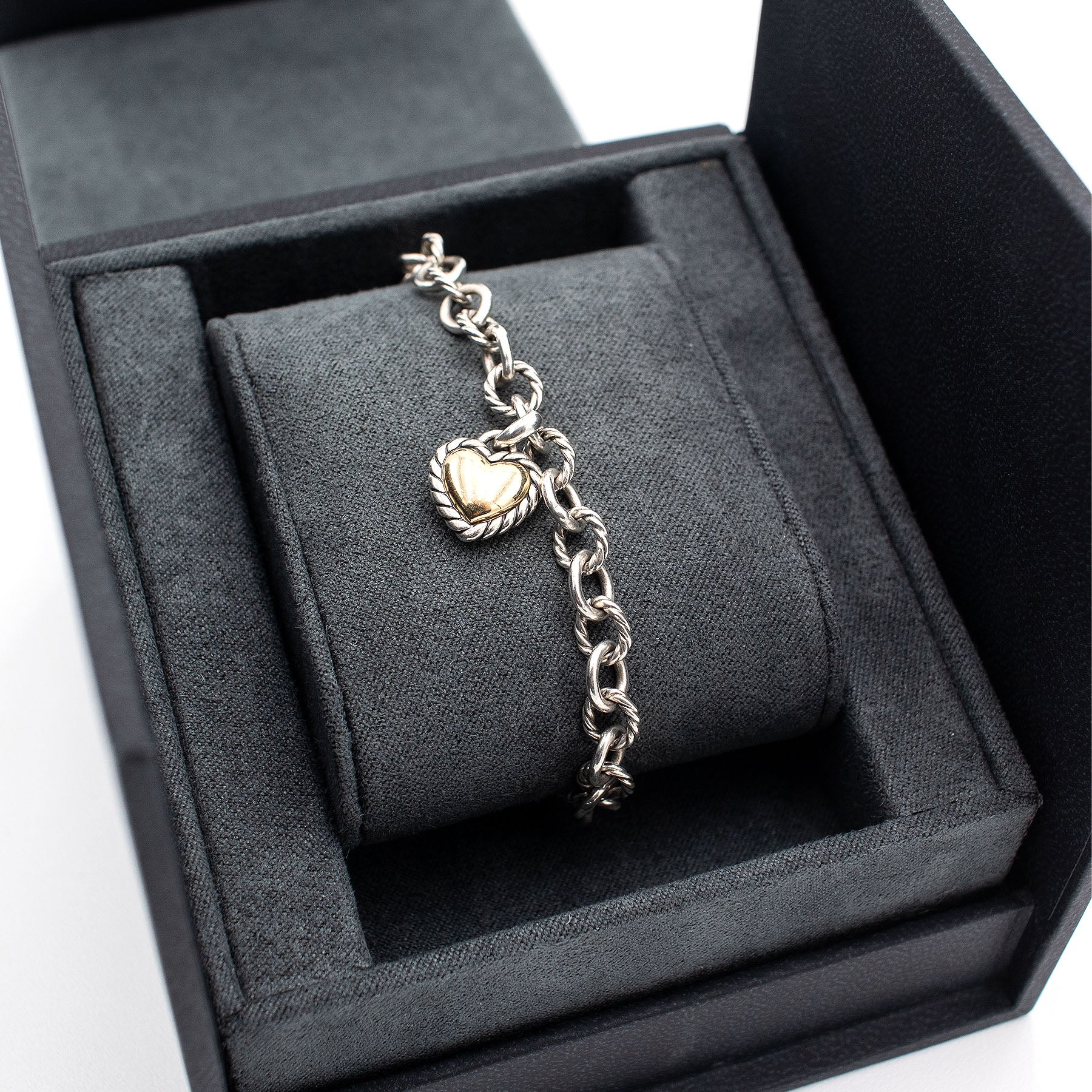 David Yurman Sterling Silver Heart Charm Link Bracelet