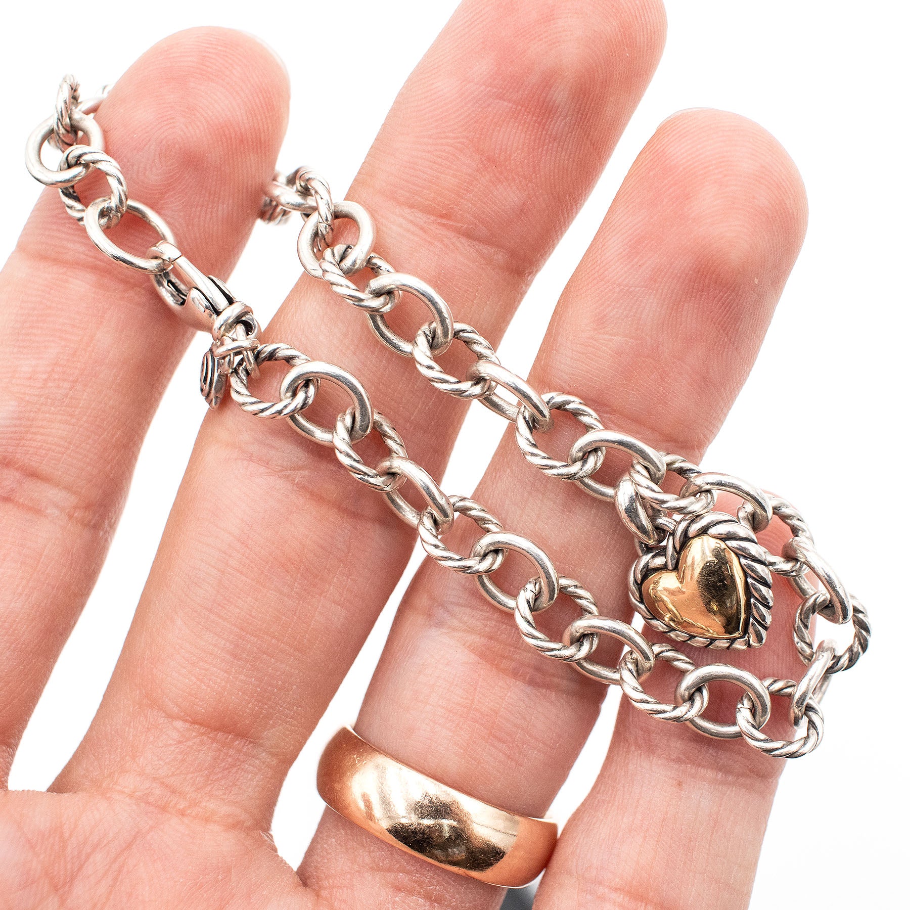 David Yurman Sterling Silver Heart Charm Link Bracelet