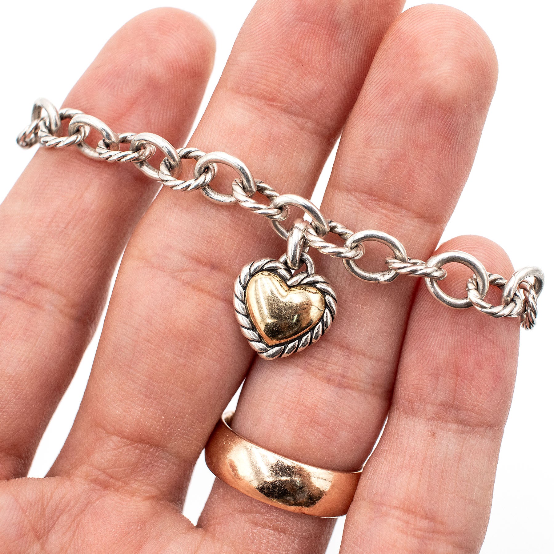 David Yurman Sterling Silver Heart Charm Link Bracelet