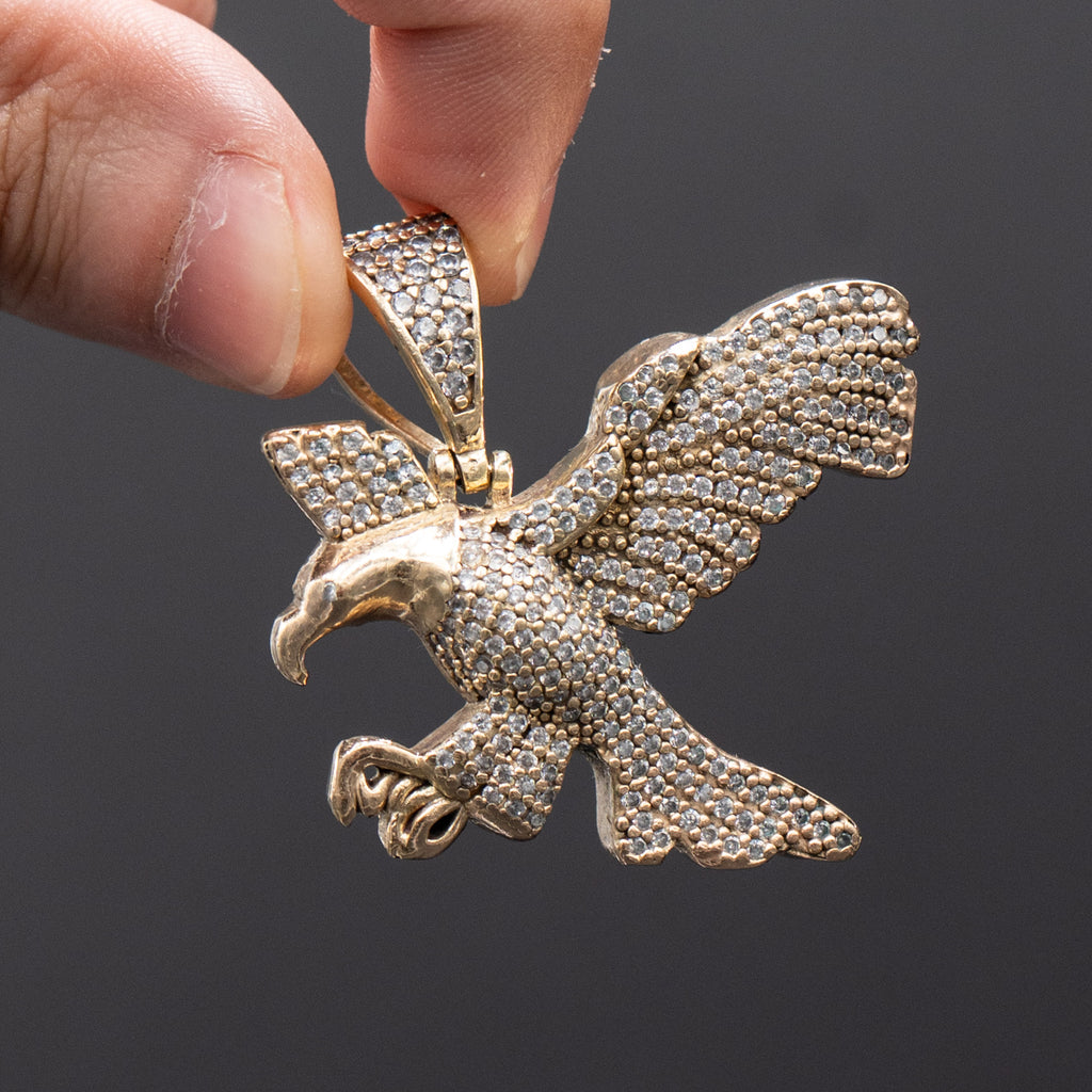 14k Yellow Gold Round Gemstone Pave Style Eagle Pendant