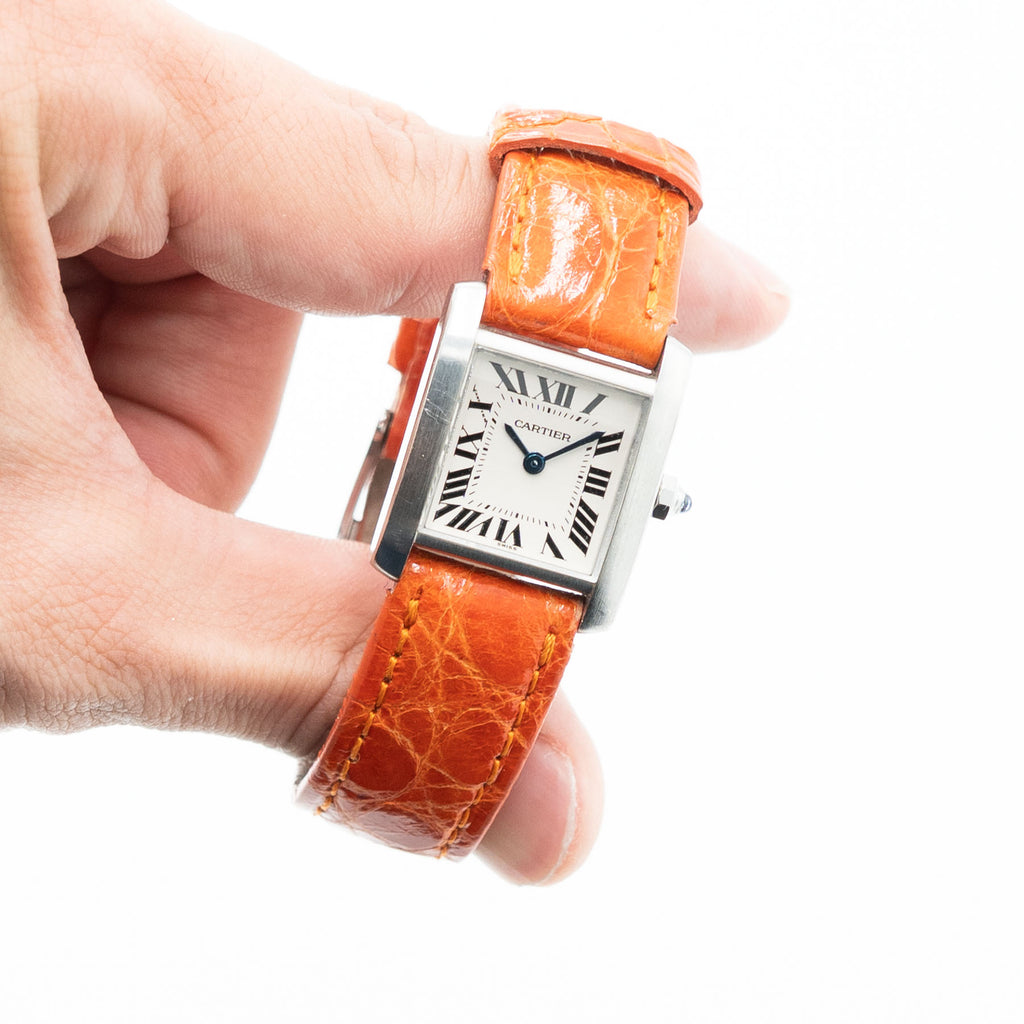 Cartier Tank Stainless Steel Ladies Watch On Orange Leather Strap