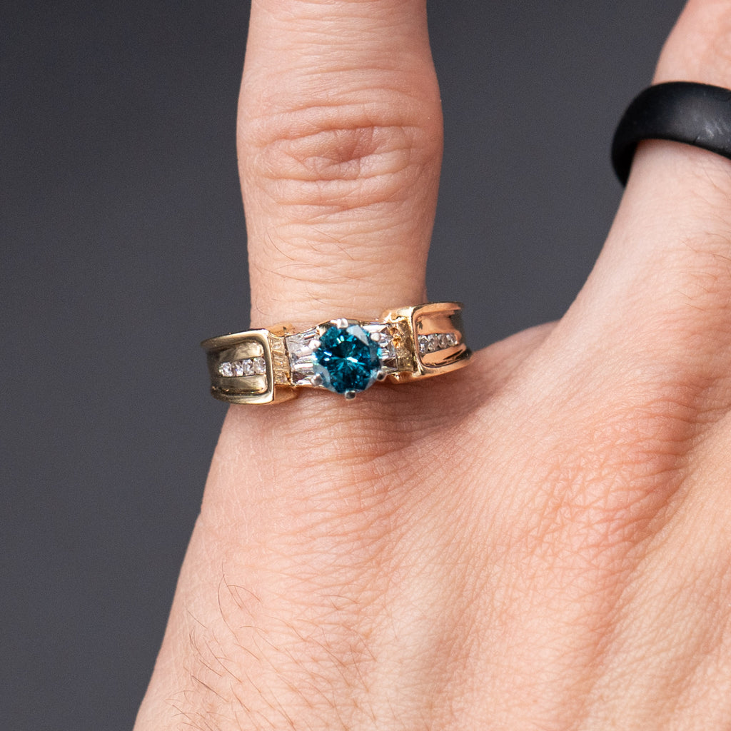 14k Yellow Gold Blue Round Gemstone Ring