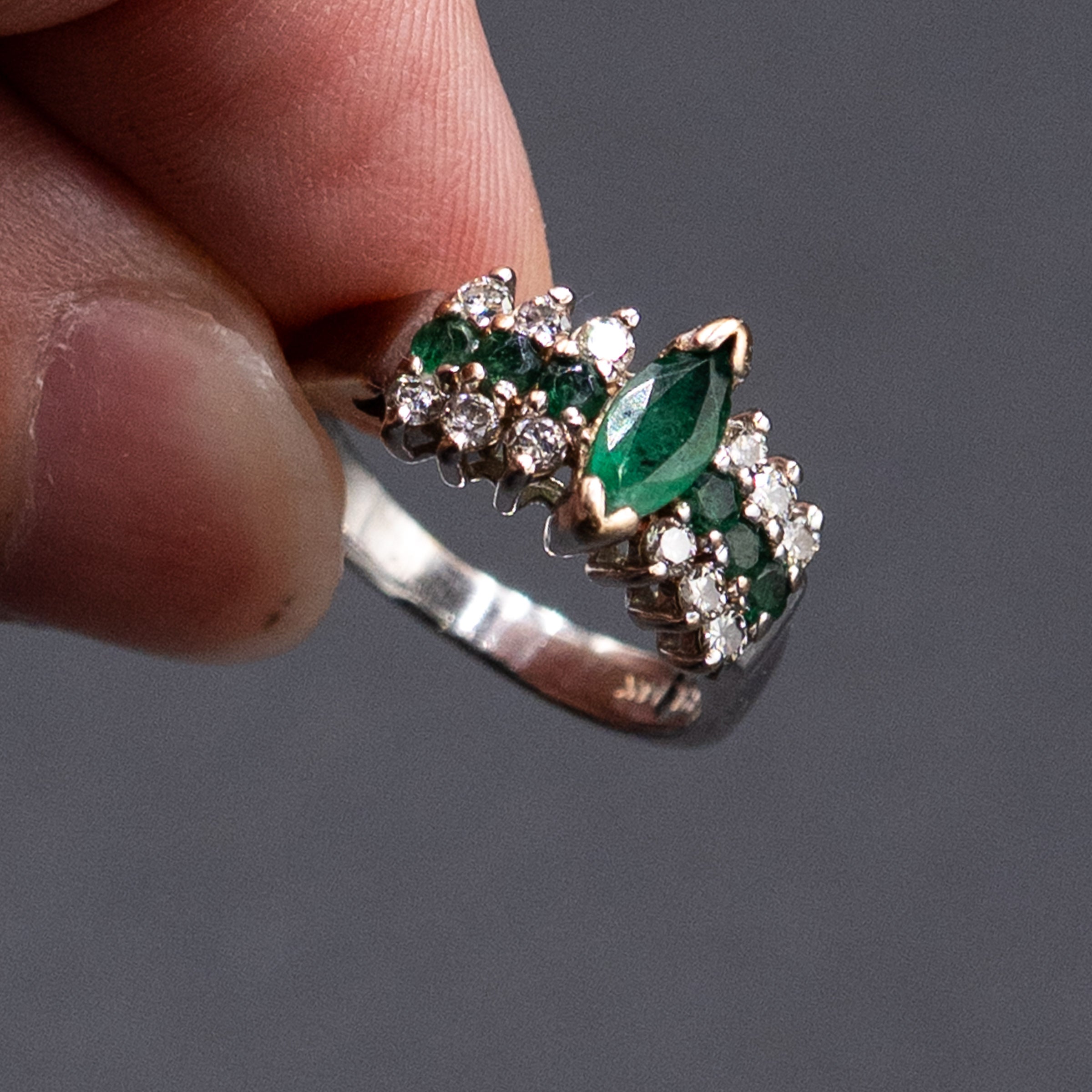 14k White Gold Marquise Emerald & Diamond Ring