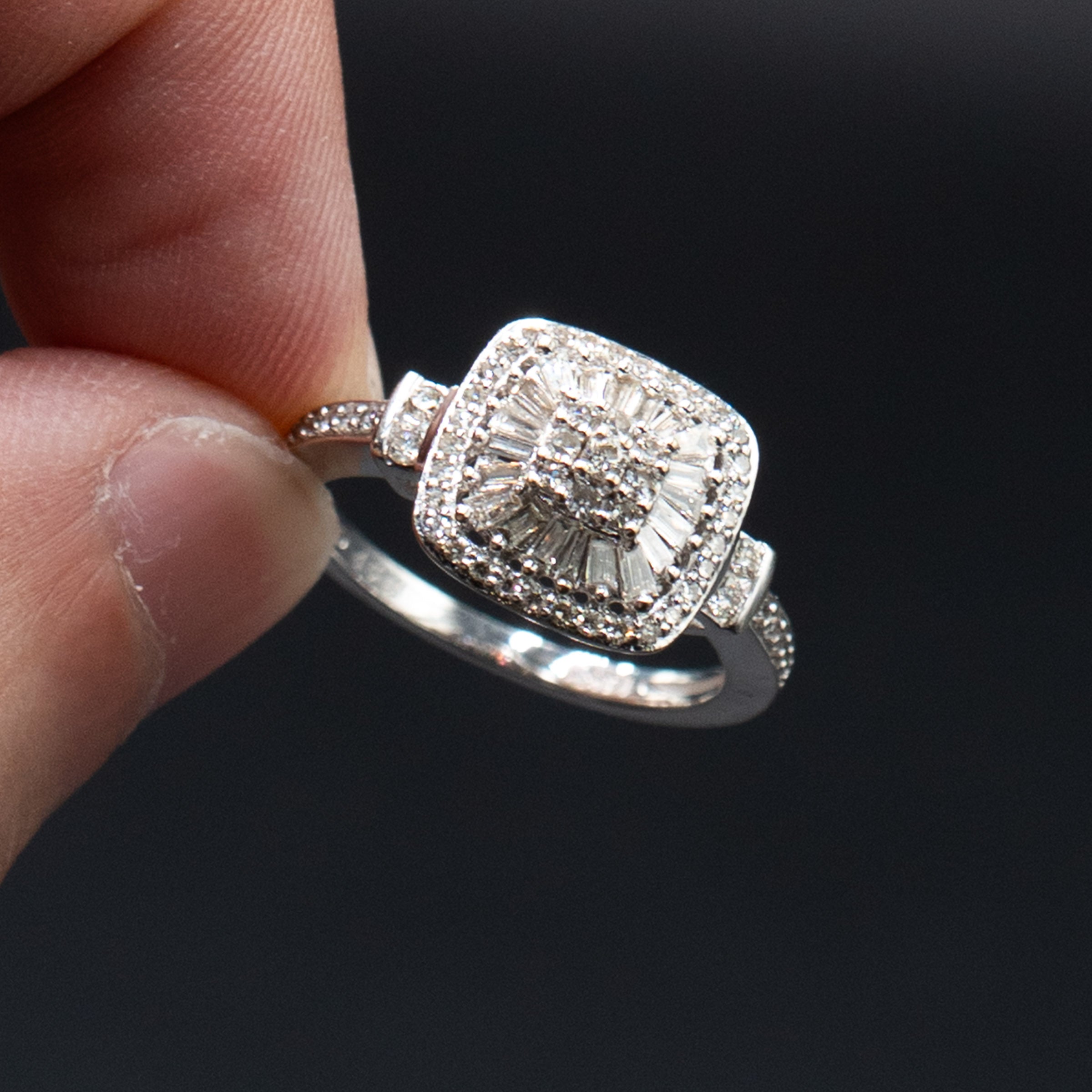 14k White Gold Round & Baguette Diamond Pave Engagement Ring