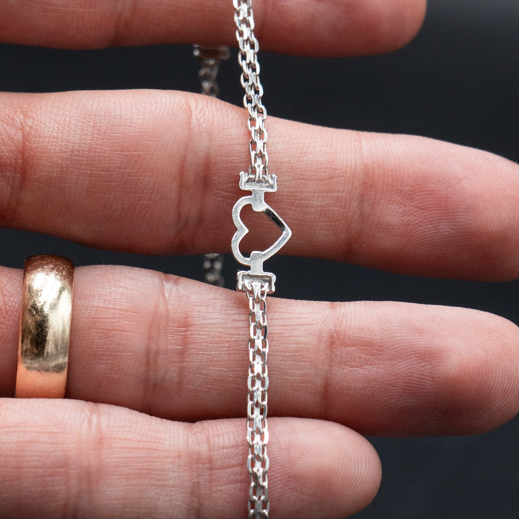 14k White Gold Heart Station Ankle Bracelet
