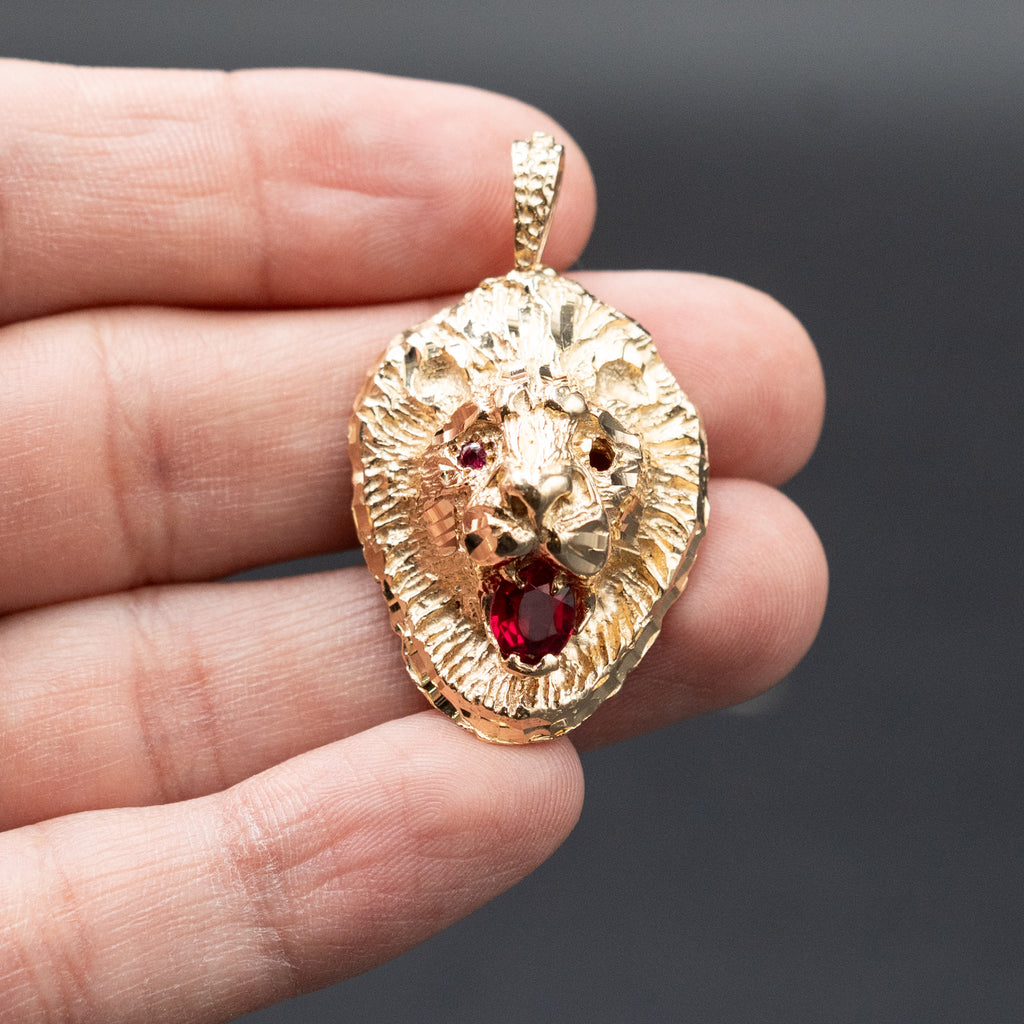 14k Yellow Gold Lion Head Ruby Pendant