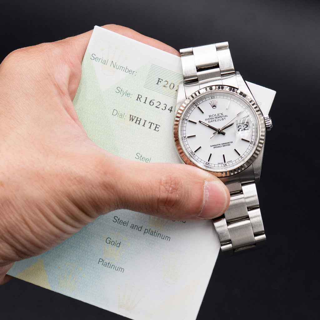 Pre-owned Rolex 16234 Datejust white dial stainless steel watch with box and papers