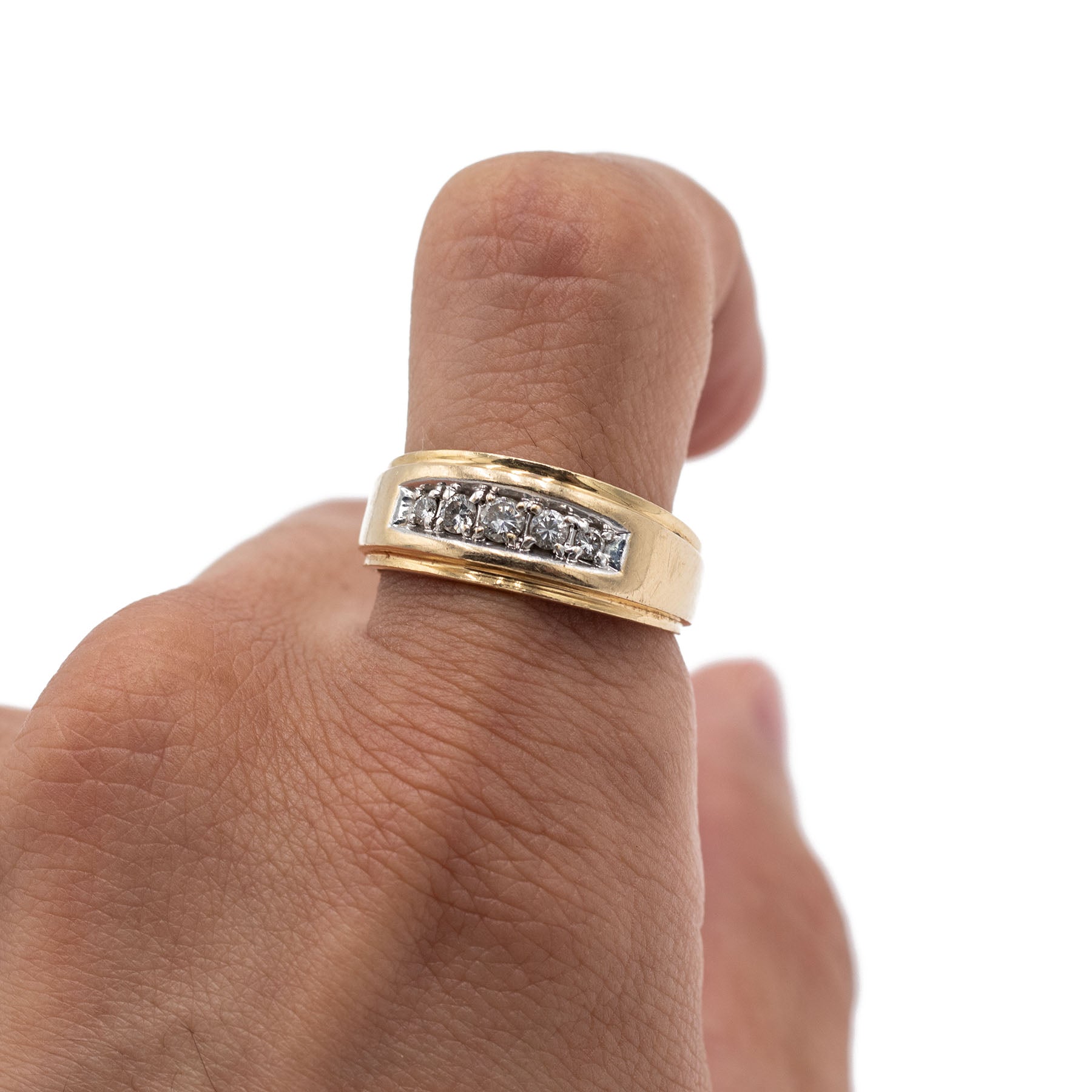 14k Yellow Gold Round Diamond Wide Mens Ring