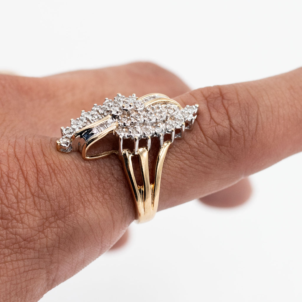 10k Yellow Gold Round & Baguette Shield Ring