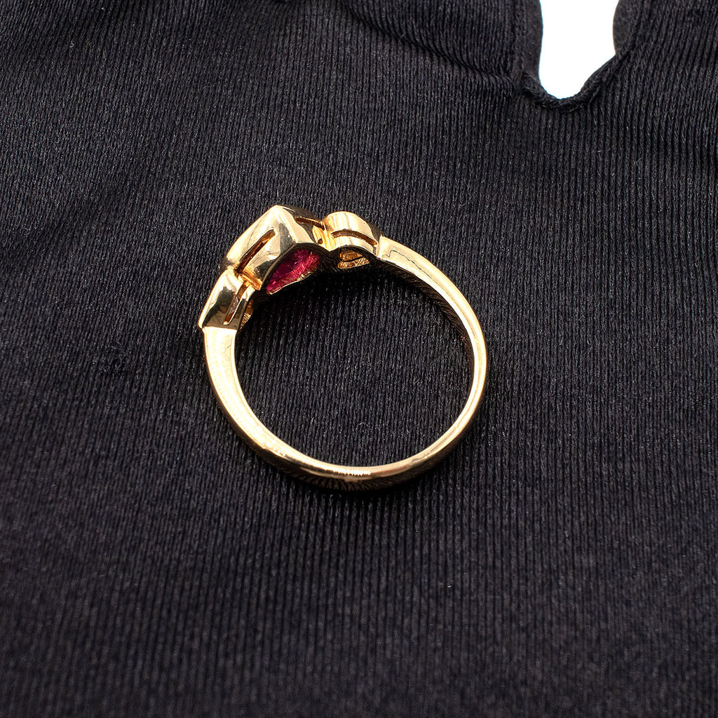 18k Yellow Gold Ruby & Diamond Heart Bezel Set Three Stone Ring