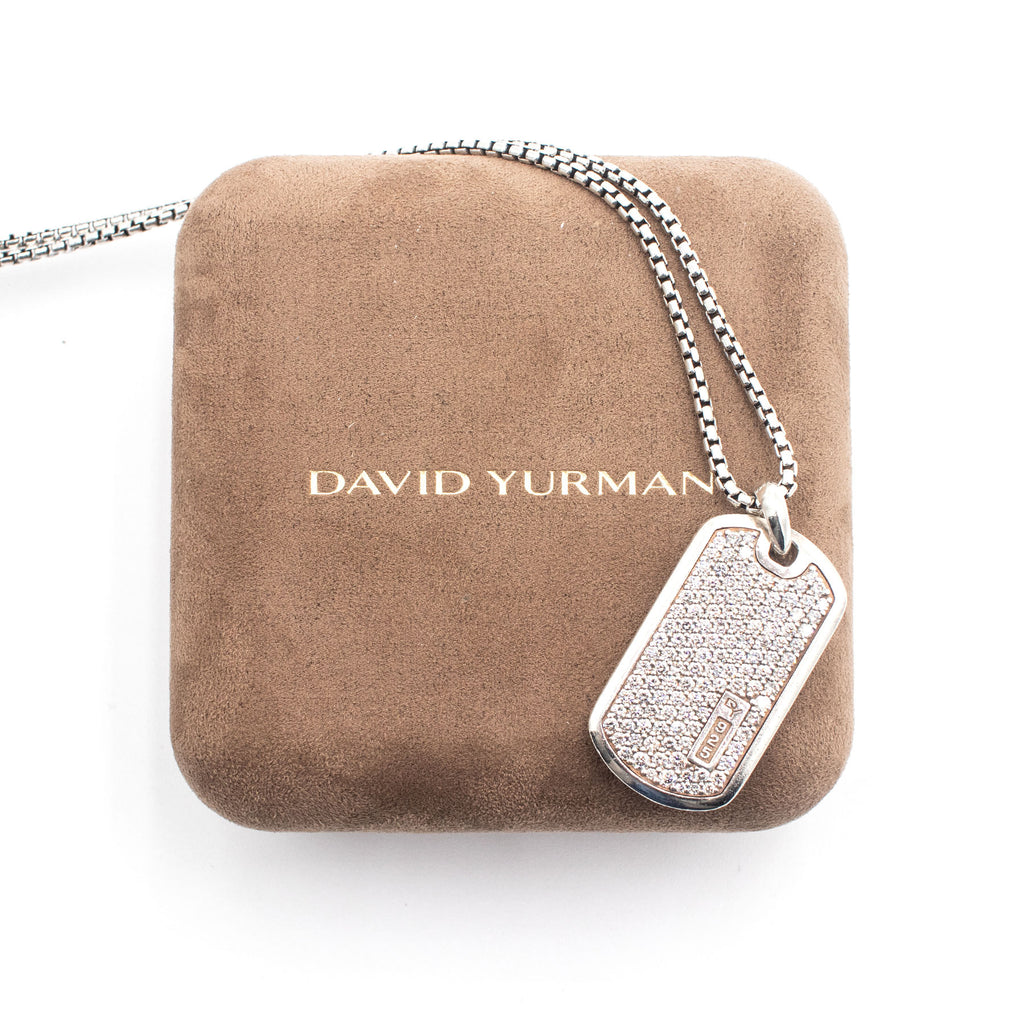 David Yurman Sterling Silver Diamond Pave Dog Tag Necklace