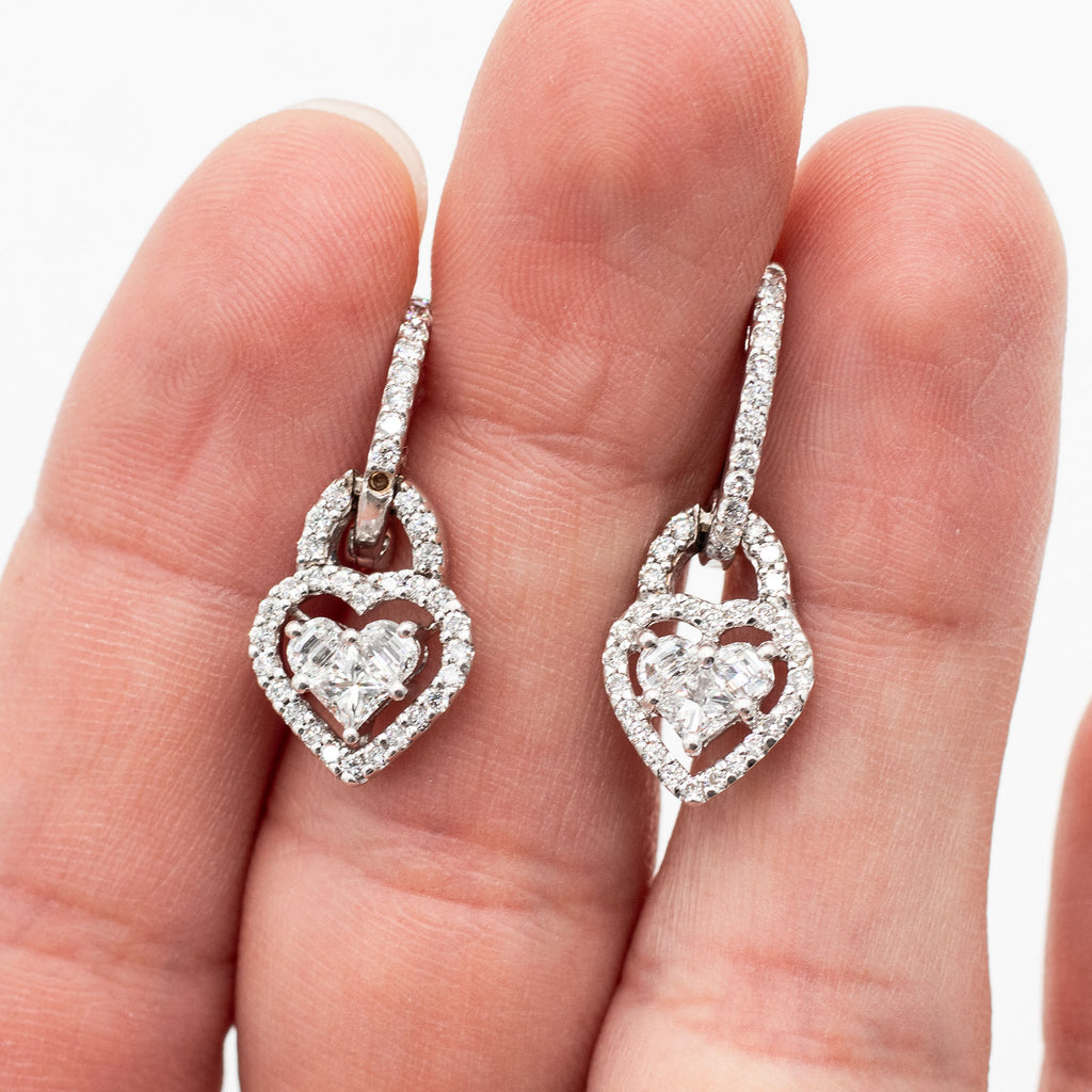14k White Gold Diamond Halo Dangle Heart Earrings