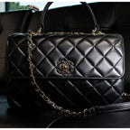 Chanel Trendy CC Top Handle Gold Hardware Quilted Black Leather Handbag