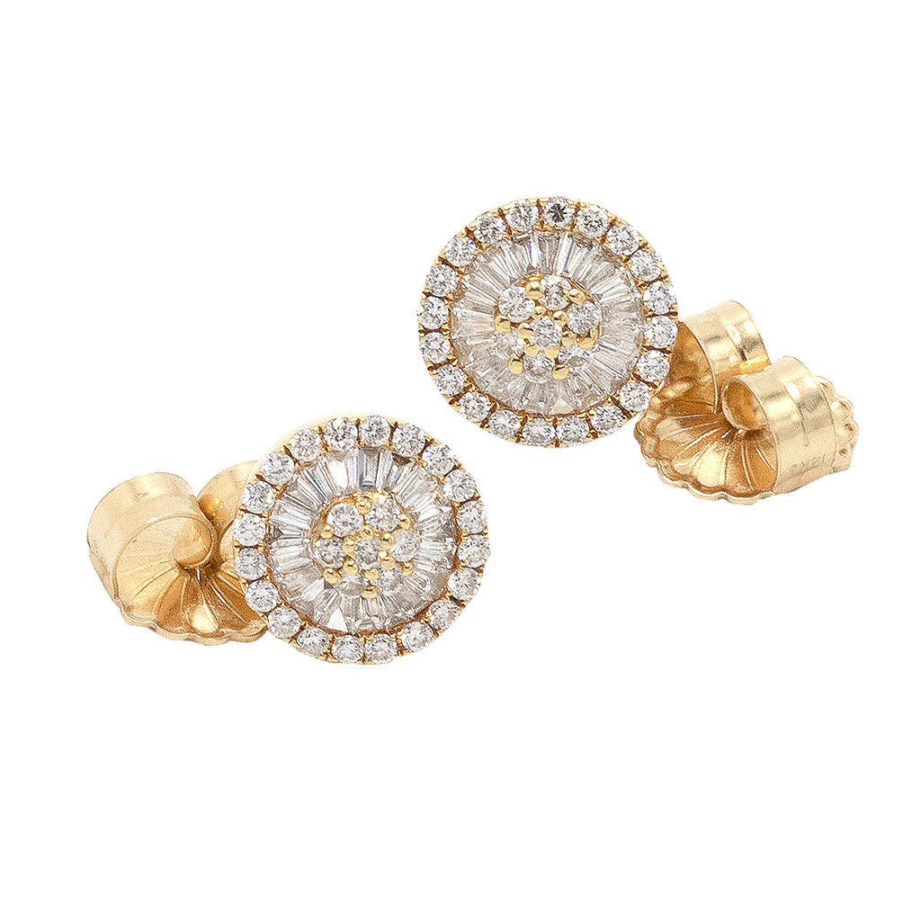 18k Yellow Gold Round & Baguette Cut Diamond Pave Round Earrings