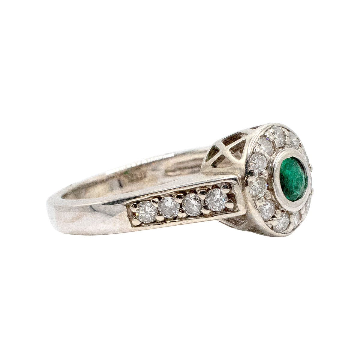 14k White Gold Bezel Set Round Emerald Ring With Diamonds