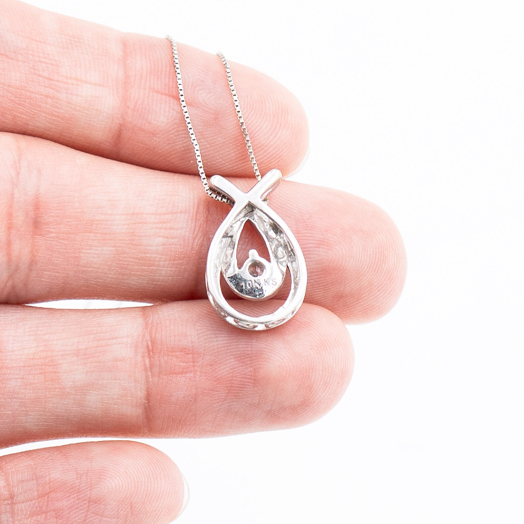 10k White Gold Small Round Diamond Tear Shape Pendant Necklace