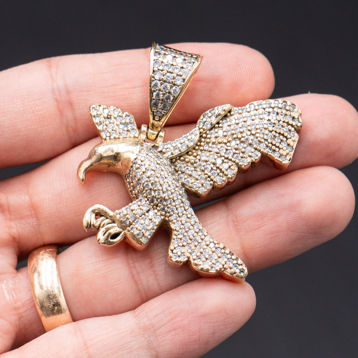 14k Yellow Gold Round Gemstone Pave Style Eagle Pendant
