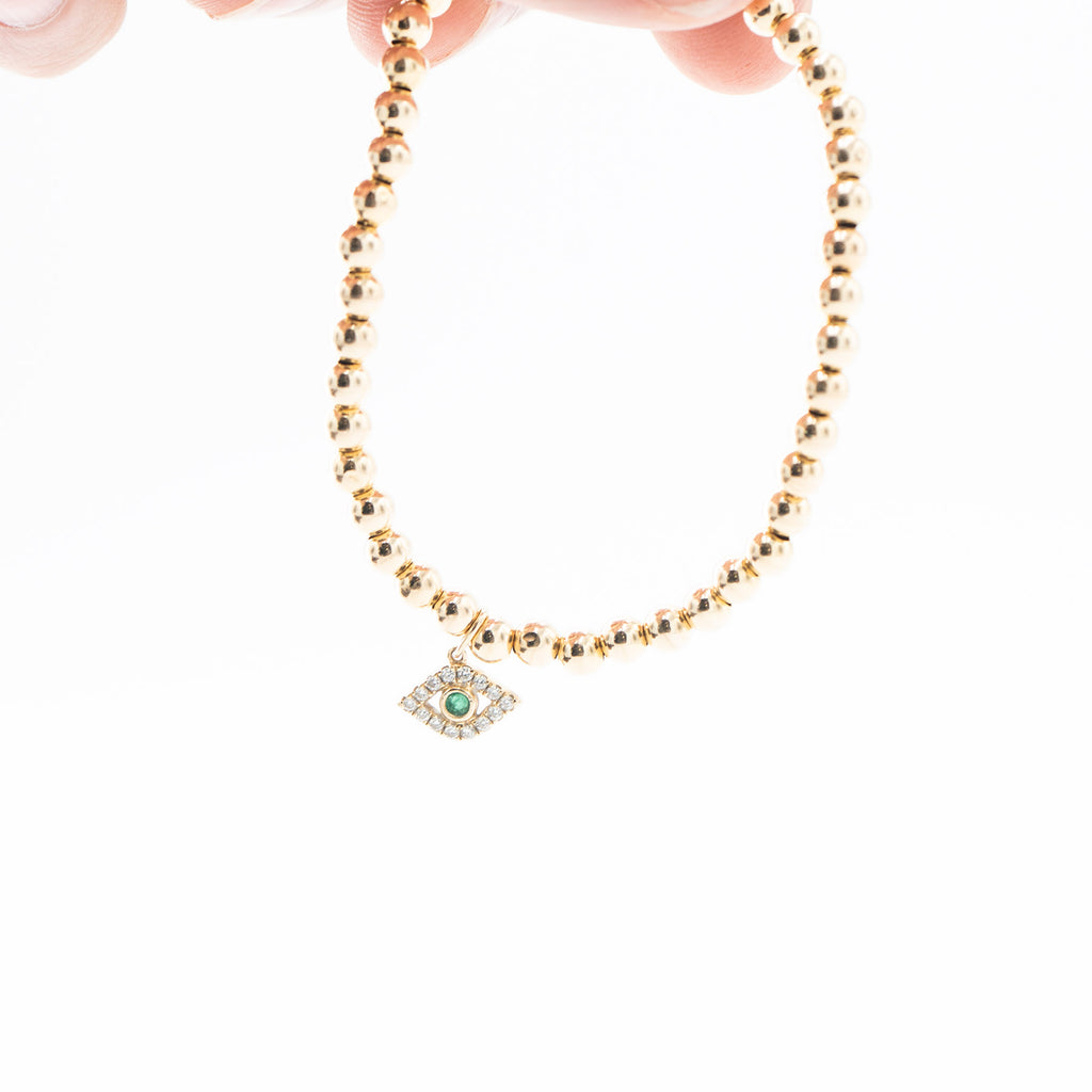 14k Yellow Gold Bead Evil Eye Charm Bracelet