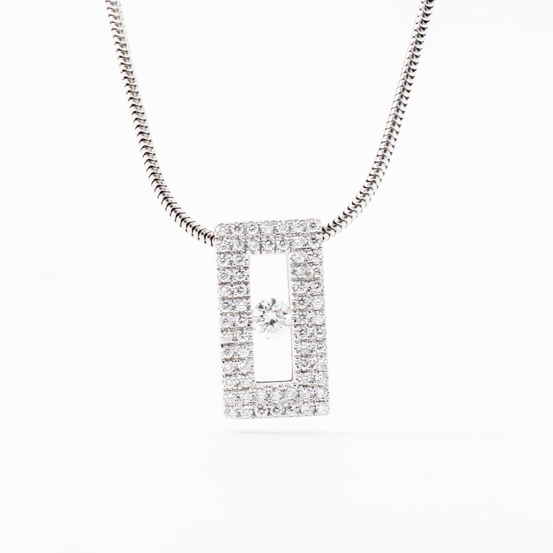 14k White Gold Diamond Pave Bezel Set Pendant on Snake Chain