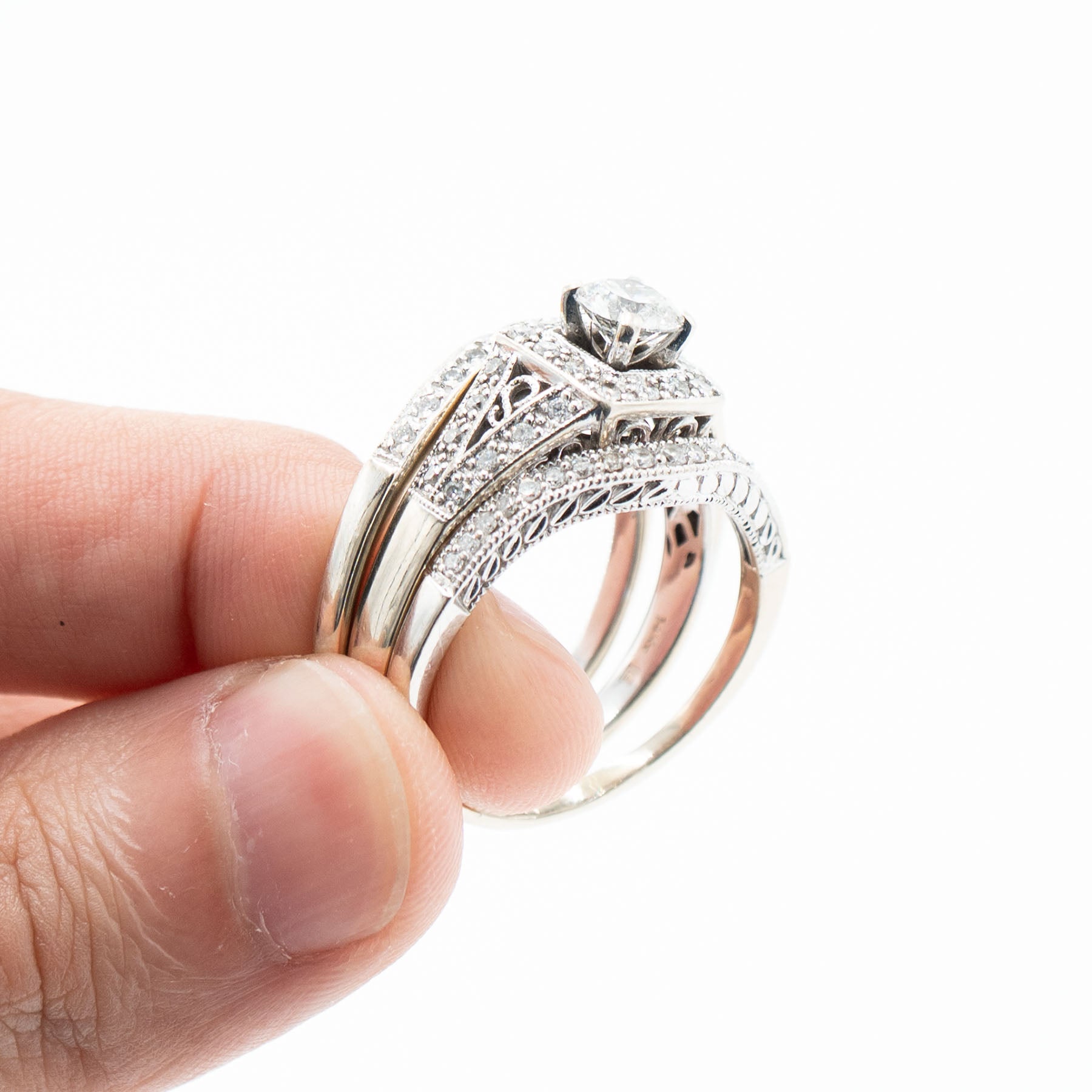 14k White Gold Round Diamond Three Piece Engagement Ring