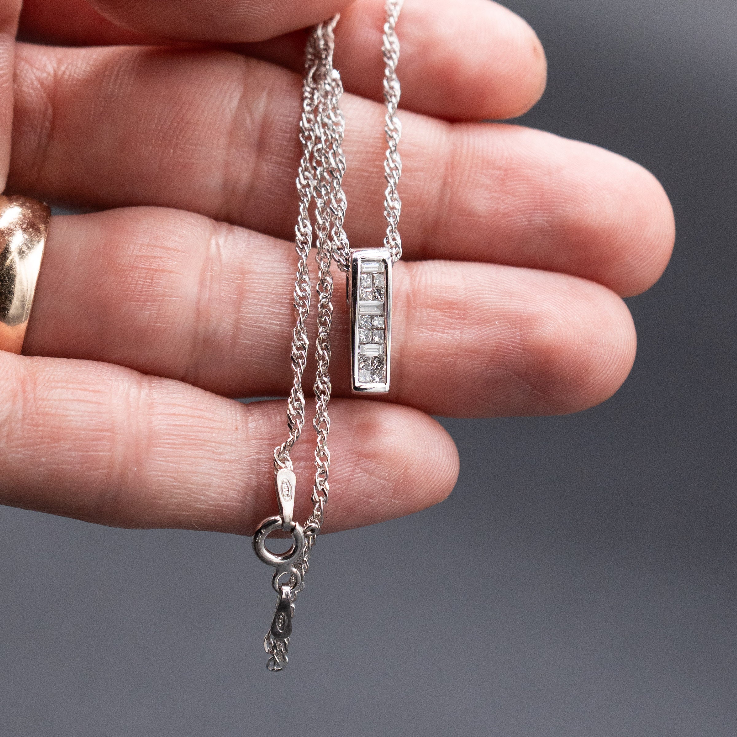 14k White Gold Princess & Baguette Cut Diamond Pendant Necklace