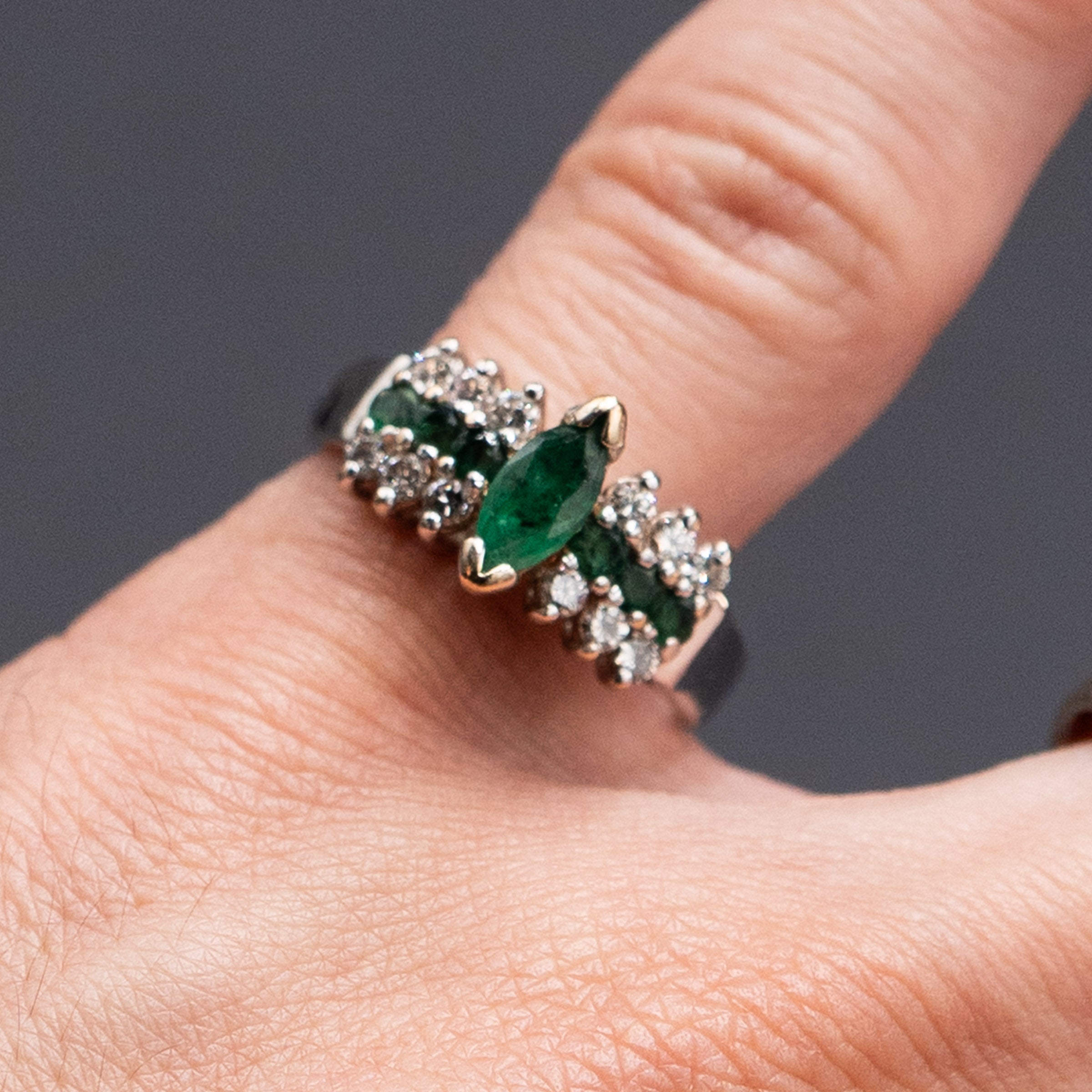 14k White Gold Marquise Emerald & Diamond Ring