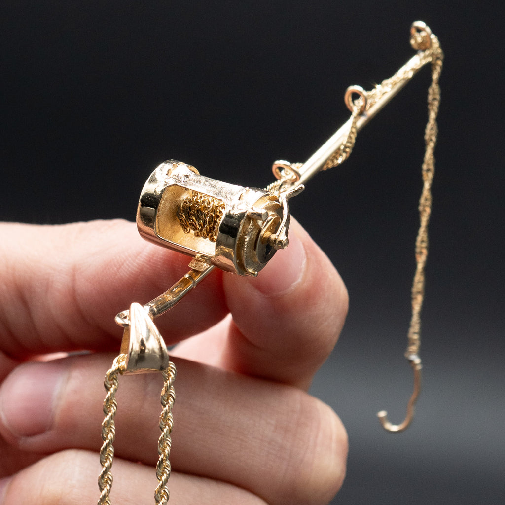 14k Yellow Gold Fishing Rod Chain Pendant Necklace