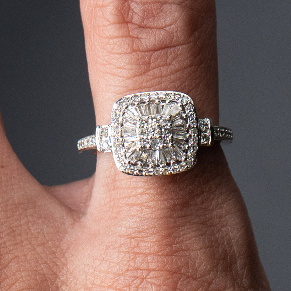 14k White Gold Round & Baguette Diamond Pave Engagement Ring